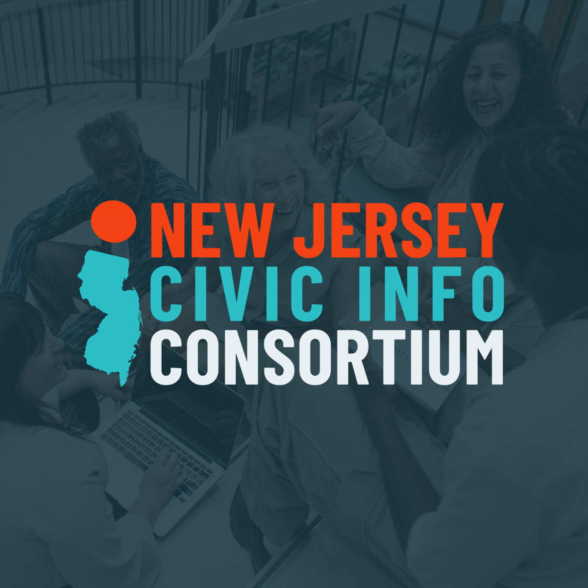 Background, a photo of several people sitting on stairs in what appears to be a library working together with notepads and a laptop, with a dark blue filter over the image. Text in crimson, bright blue, and white reads "New Jersey Civic Info Consortium." At left, the shape of the state of New Jersey in bright blue with a crimson dot above it evoking the letter "i."
