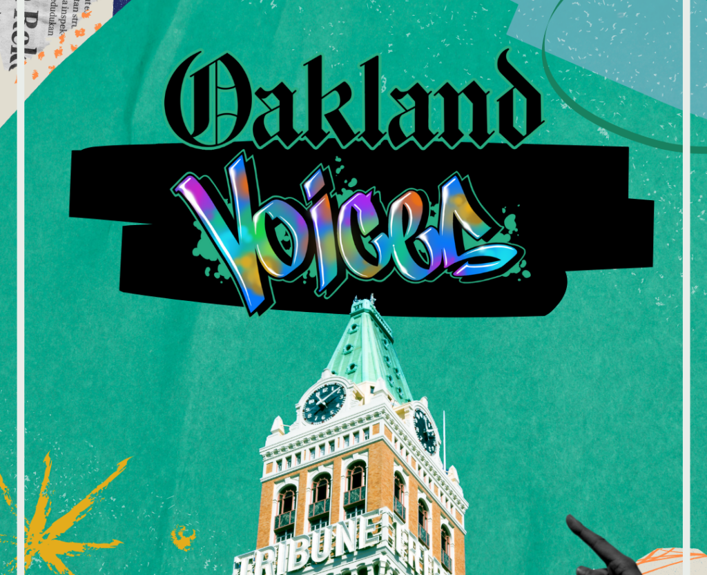 A collage with a green background and the Oakland Voices logo, the word 