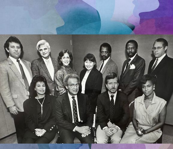 Over a colorful collage background, a photo of some of the founders and leaders of the Maynard Institute. Top row, from left: Steve Montiel, Roy Aarons, Earl Caldwell, Evelyn Hsu, Ellis Code, Robert C. Maynard, John Dotson. Bottom row, from left: Nancy Hicks Maynard, two unknown men, Dorothy Butler Gilliam.