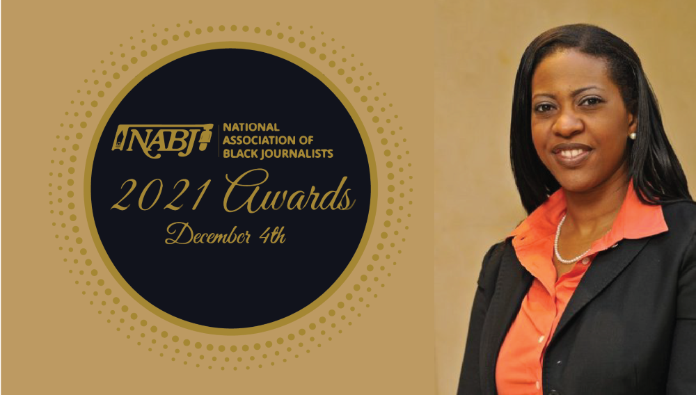 A gold background and the black and gold logo for NABJ: National Association of Black Journalists, with gold text that reads "2021 Awards, December 4th." At right, a Black woman with shoulder-length black hair, a persimmon-orange shirt, and a black blazer.