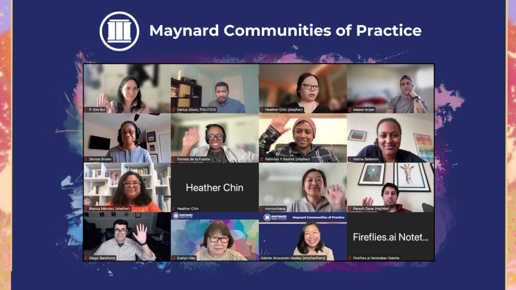 Over a dark blue background, the Maynard Institute pillars logo in white with text reading 
