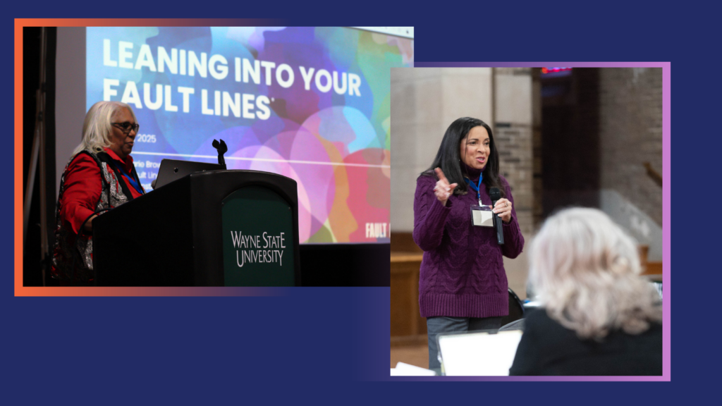 Photos float over colorful borders and a dark blue background. At left, Jean Marie Brown, a Black woman with white hair and glasses wearing a red shirt, stands before a podium that reads 
